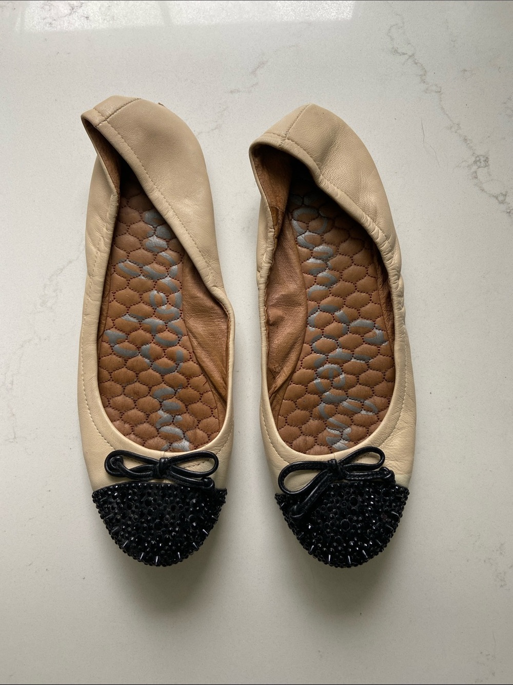 Sam Edelman Cream Ballet Flats with Black Beaded Toe